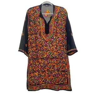 Kohinoor Women's Black & Orange Embroidered Mini Swim Suit Cover Up size XL